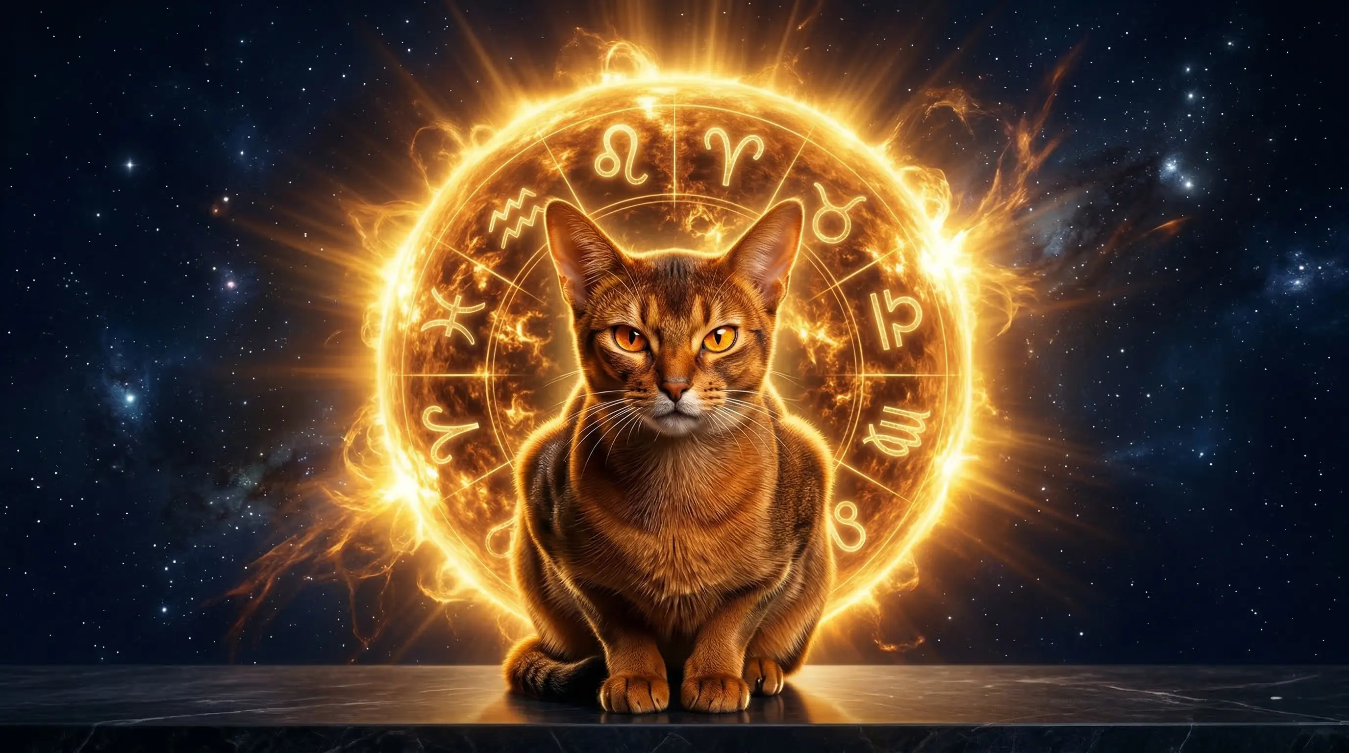 An Abyssinian cat sitting before a glowing golden zodiac wheel against a deep space background